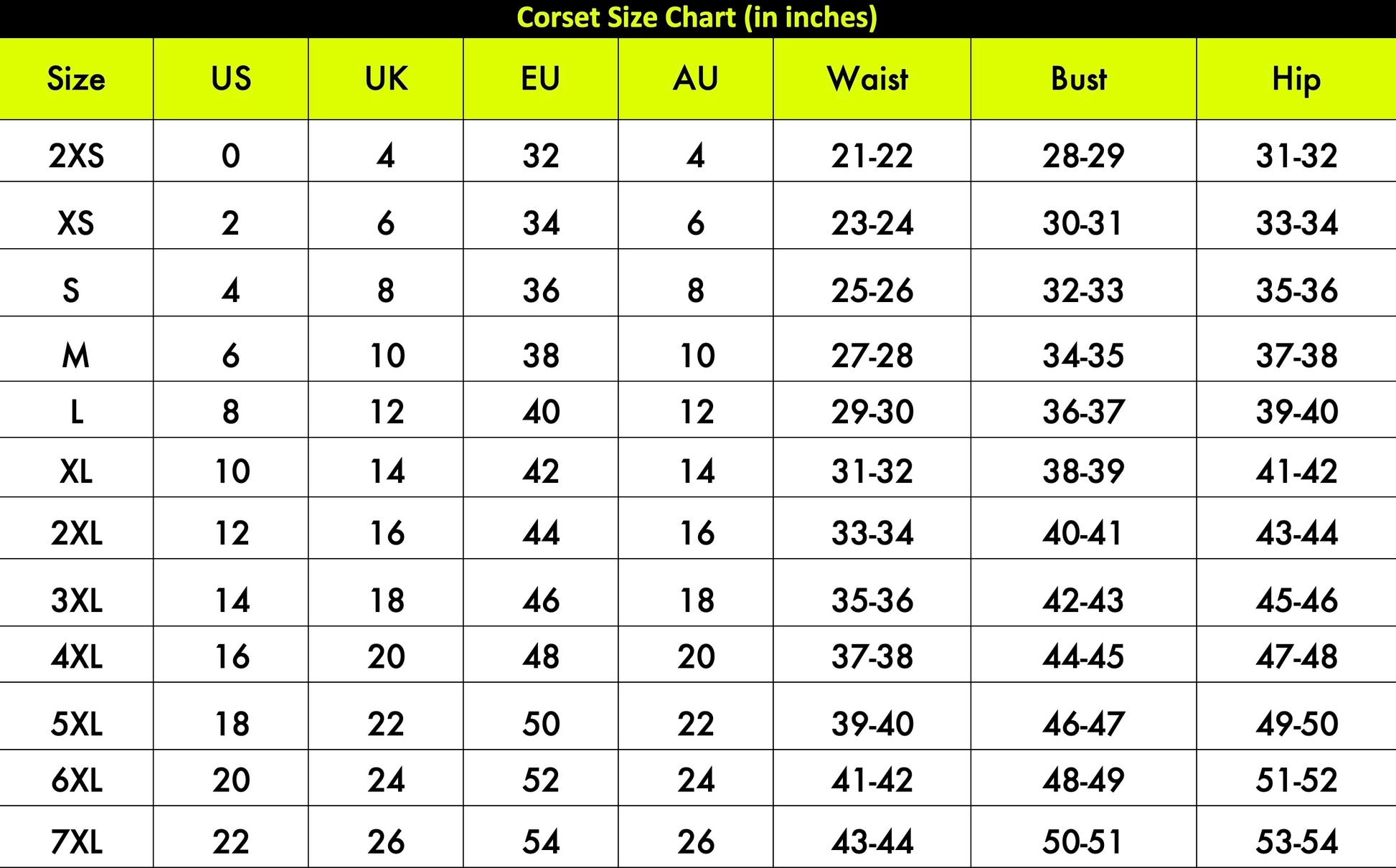 Naughty Kitten Clothing Corset Size Chart