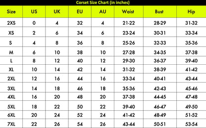 Naughty Kitten Clothing Corset Size Chart