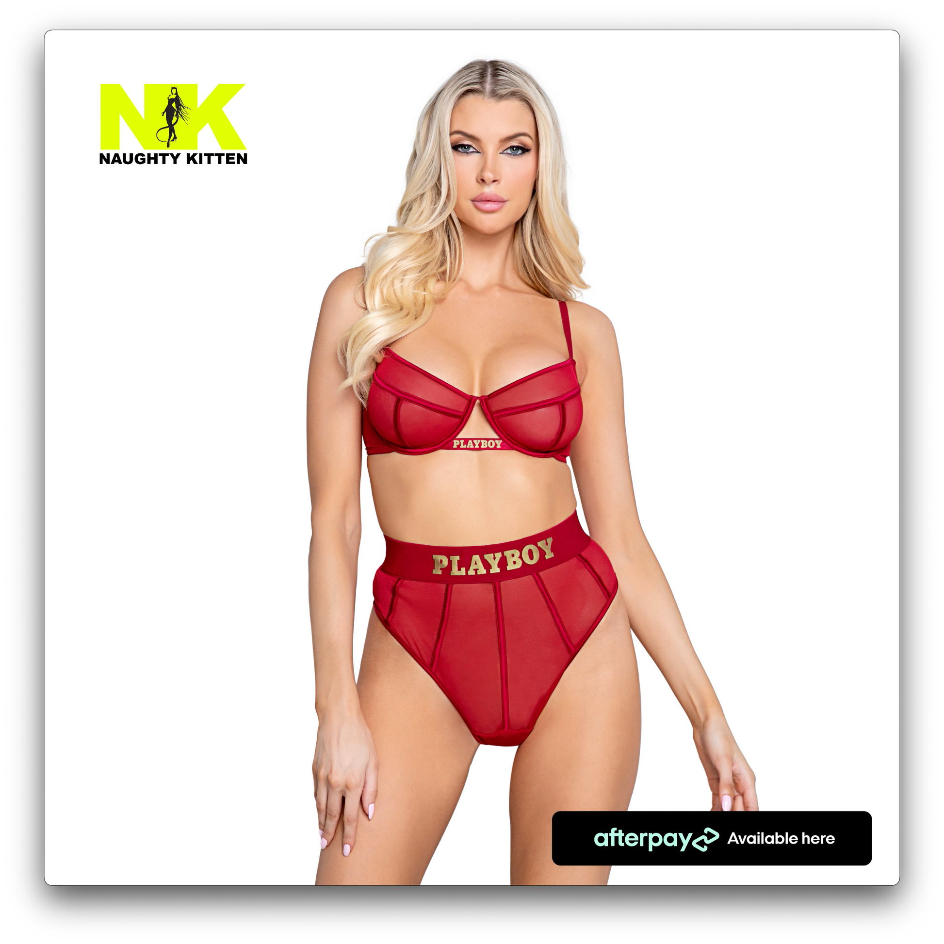 Naughty Kitten Clothing Playboy Cage 2-Piece Set - Red Front View Playboy Lingerie