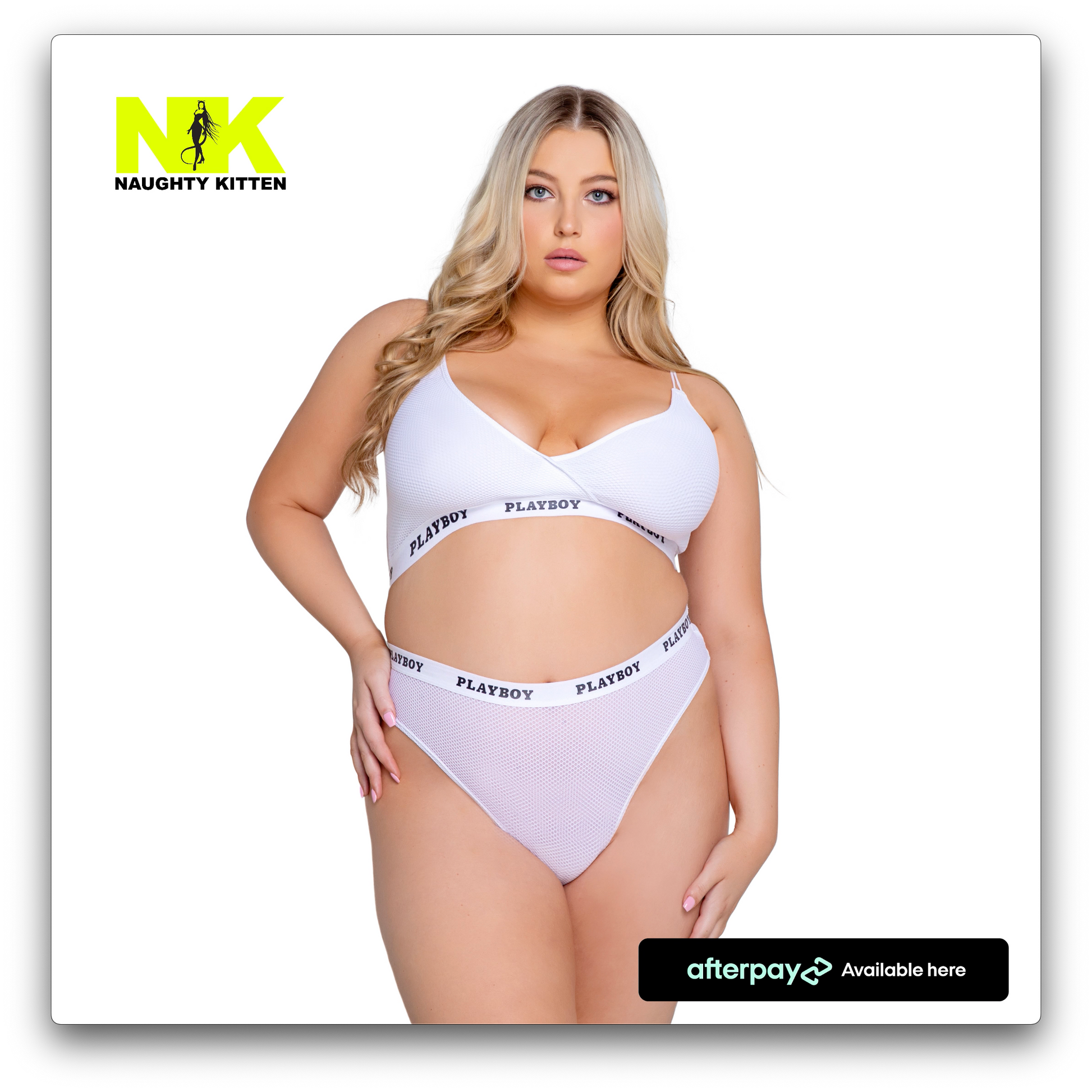  Naughty Kitten Clothing Playboy Lifestyle 2-Piece Set - White Front View Playboy Plus Size Lingerie