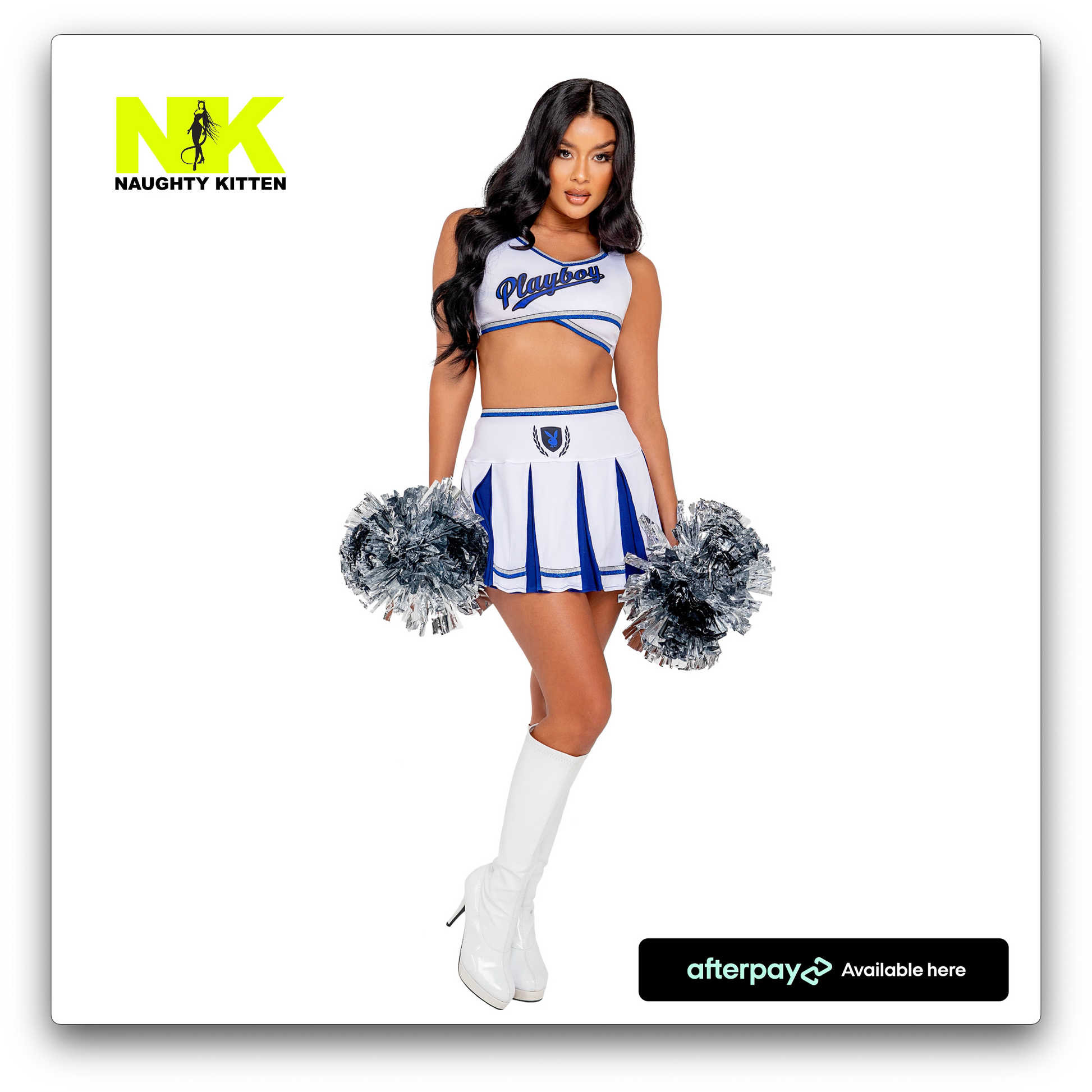 Naughty Kitten Clothing Playboy Cheer Squad Costume White/Blue front View Playboy Costume