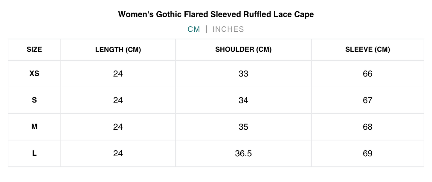 Naughty Kitten Clothing Ruffled Flared Sleeved Lace Cape Front View Alternative Gothic Women's Fashion Size Chart Centimetres