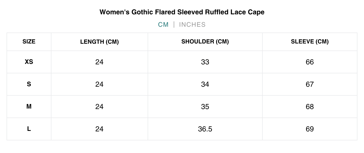 Naughty Kitten Clothing Ruffled Flared Sleeved Lace Cape Front View Alternative Gothic Women's Fashion Size Chart Centimetres