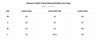 Naughty Kitten Clothing Ruffled Flared Sleeved Lace Cape Front View Alternative Gothic Women's Fashion Size Chart Centimetres