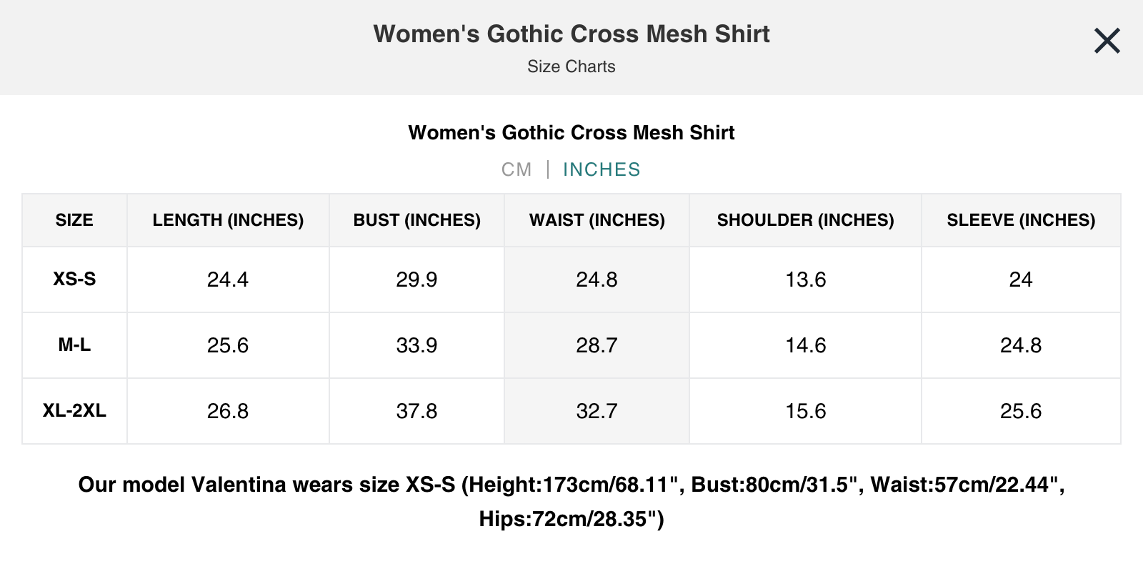 Naughty Kitten Clothing Gothic Cross Mesh Shirt Gothic Alternative Women's Fashion Size Chart Inches