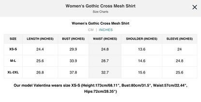 Naughty Kitten Clothing Gothic Cross Mesh Shirt Gothic Alternative Women's Fashion Size Chart Inches