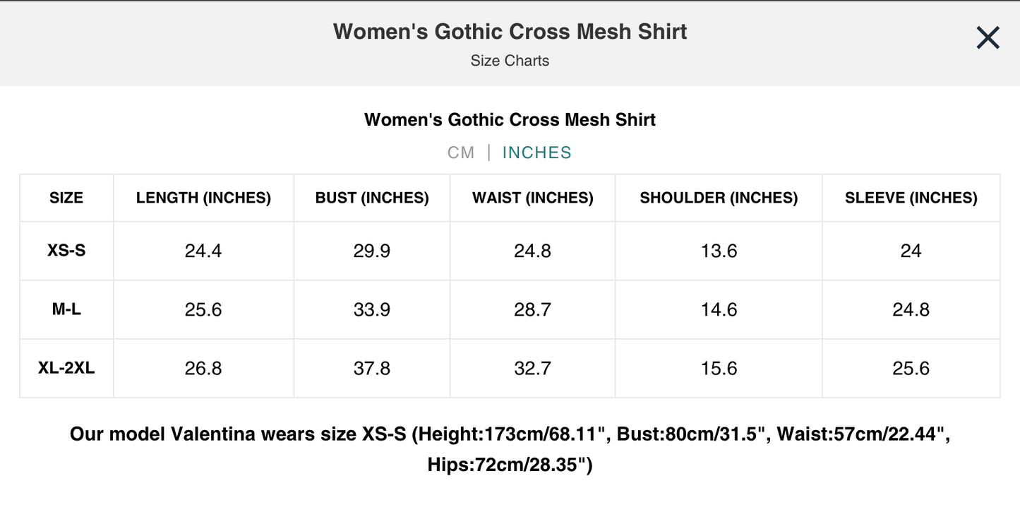 Naughty Kitten Clothing Gothic Cross Mesh Shirt Gothic Alternative Women's Fashion Size Chart Centimetres