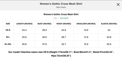 Naughty Kitten Clothing Gothic Cross Mesh Shirt Gothic Alternative Women's Fashion Size Chart Centimetres