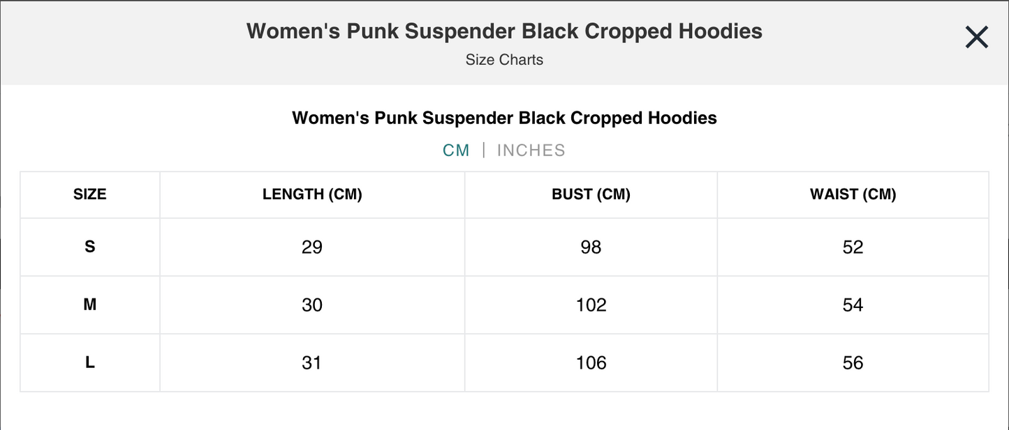 Naughty Kitten Clothing Punk Suspender Black Cropped Hoodies Close Up View Model Alternative Gothic 
Women's Fashion Size Chart Centimetres