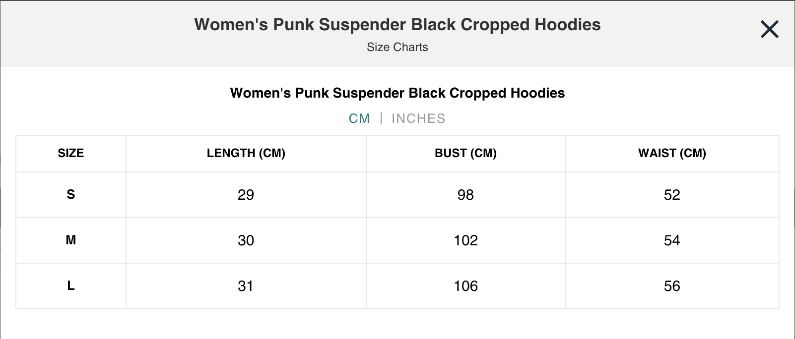 Naughty Kitten Clothing Punk Suspender Black Cropped Hoodies Close Up View Model Alternative Gothic 
Women's Fashion Size Chart Centimetres