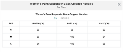 Naughty Kitten Clothing Punk Suspender Black Cropped Hoodies Close Up View Model Alternative Gothic 
Women's Fashion Size Chart Centimetres