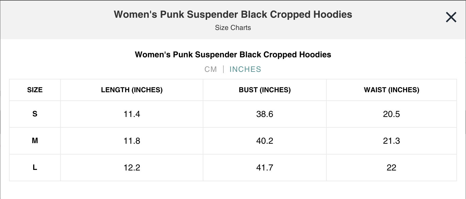 Naughty Kitten Clothing Punk Suspender Black Cropped Hoodies Close Up View Model Alternative Gothic 
Women's Fashion Size Chart Inches