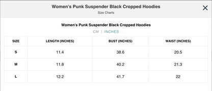 Naughty Kitten Clothing Punk Suspender Black Cropped Hoodies Close Up View Model Alternative Gothic 
Women's Fashion Size Chart Inches