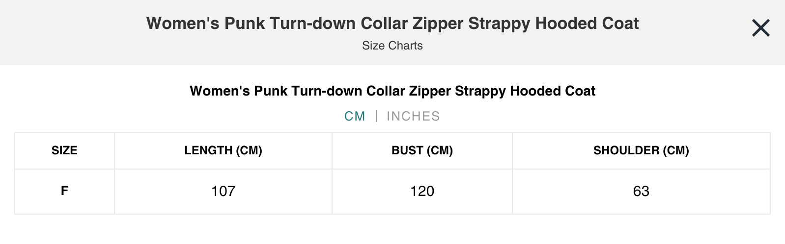 Naughty Kitten Clothing Punk Turn-down Collar Zipper Strappy Hooded Coat Front View Alternative Gothic Women's Fashion Size Chart Centimetres