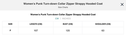 Naughty Kitten Clothing Punk Turn-down Collar Zipper Strappy Hooded Coat Front View Alternative Gothic Women's Fashion Size Chart Centimetres