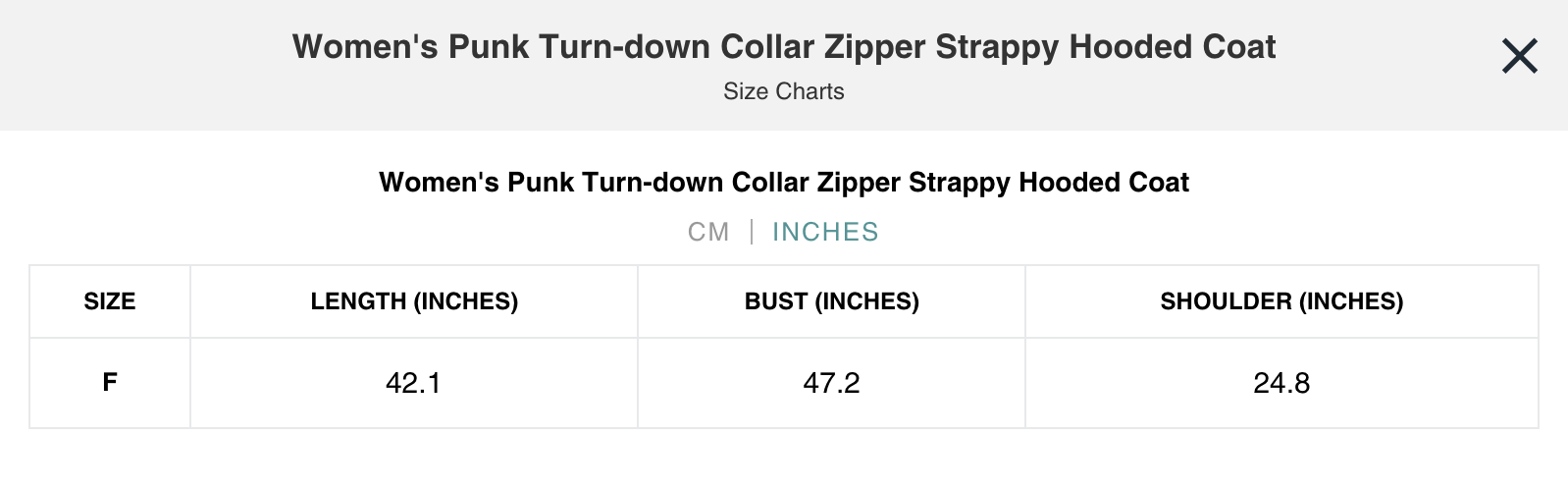 Naughty Kitten Clothing Punk Turn-down Collar Zipper Strappy Hooded Coat Front View Alternative Gothic Women's Fashion Size Chart Inches