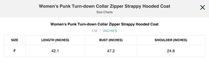 Naughty Kitten Clothing Punk Turn-down Collar Zipper Strappy Hooded Coat Front View Alternative Gothic Women's Fashion Size Chart Inches