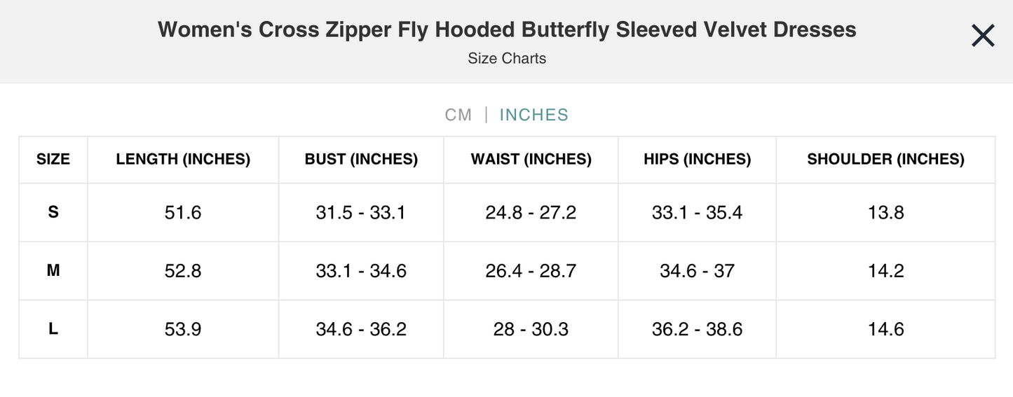 Naughty Kitten Clothing Cross Zipper Fly Hooded Butterfly Sleeved Velvet Dress Front View Alternative Gothic Fashion Size Chart