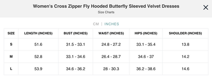 Naughty Kitten Clothing Cross Zipper Fly Hooded Butterfly Sleeved Velvet Dress Front View Alternative Gothic Fashion Size Chart