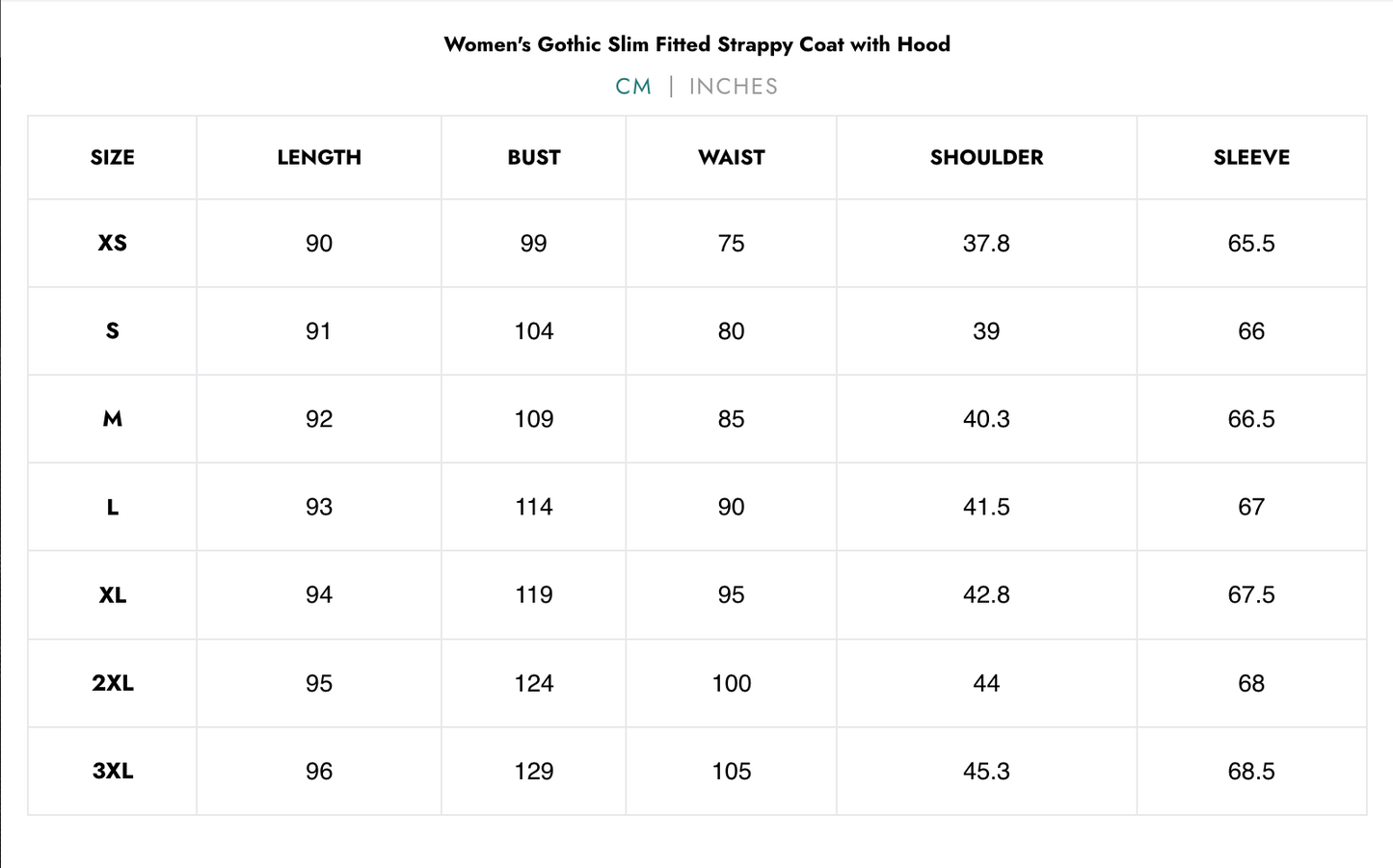 Naughty Kitten Clothing Shadow Hex Hooded Coat Women's Alternative Gothic Coat Size Chart Centimetres 