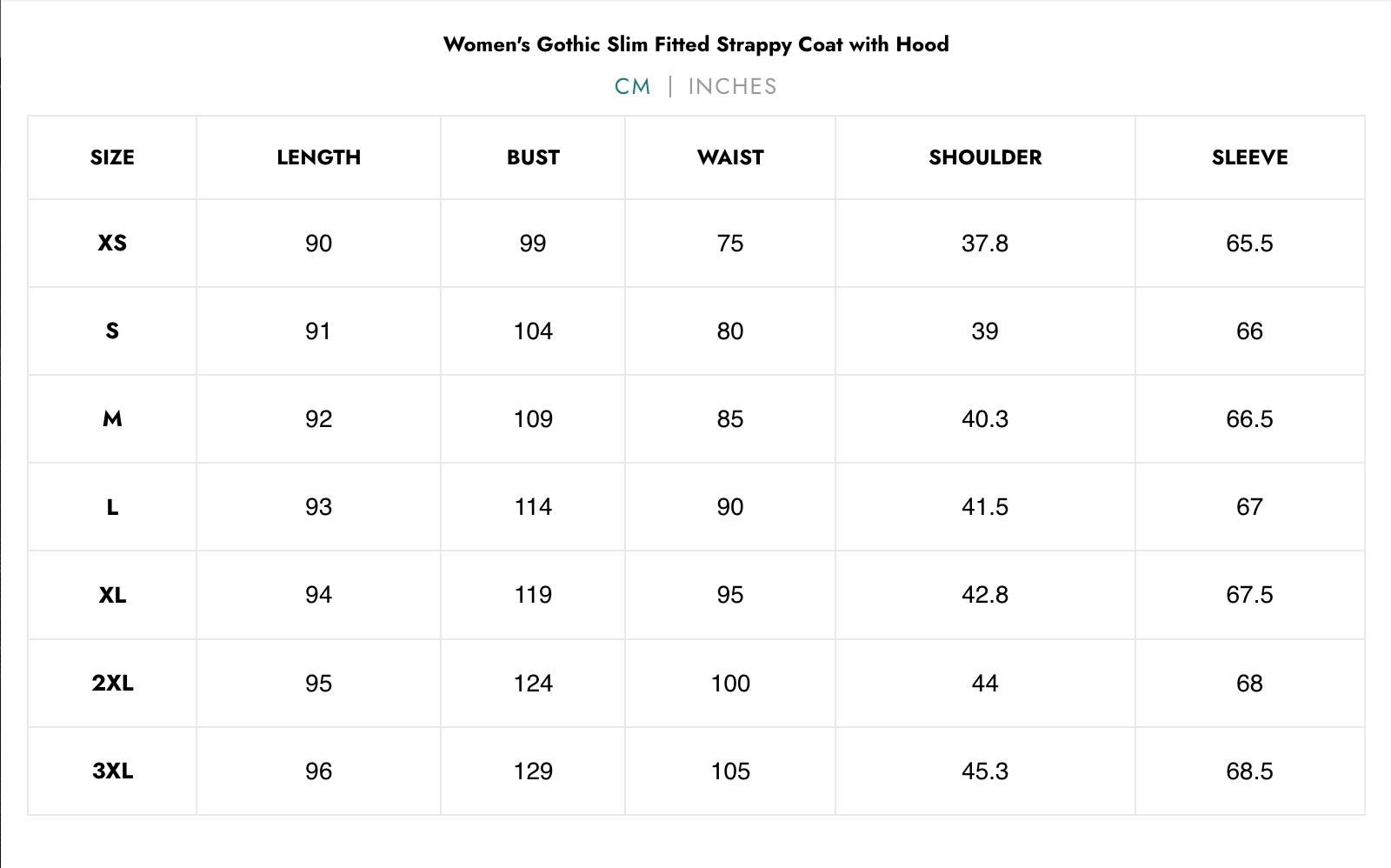 Naughty Kitten Clothing Shadow Hex Hooded Coat Women's Alternative Gothic Coat Size Chart Centimetres 