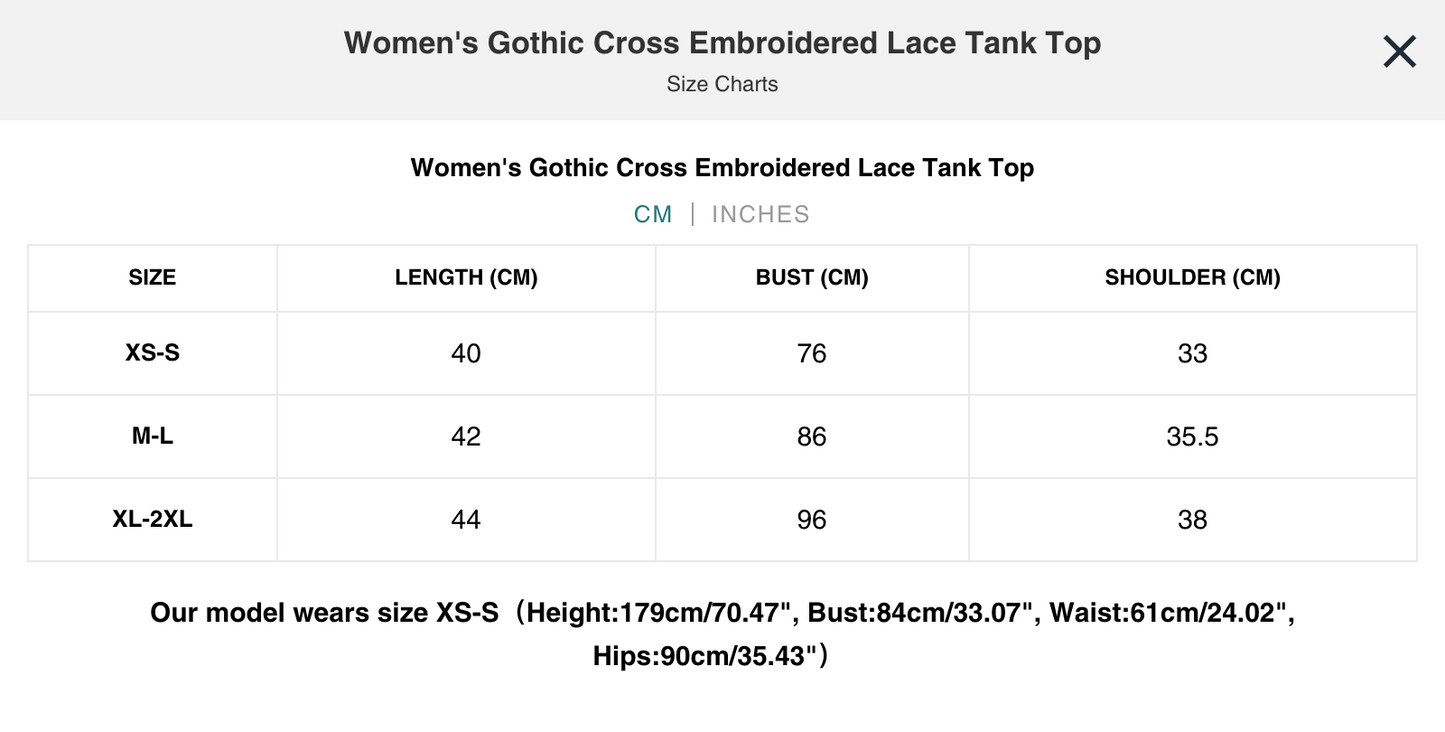 Naughty Kitten Clothing Gothic Cross Embroidered Lace Tank Top Alternative Gothic Women's Fashion Size Chart Inches