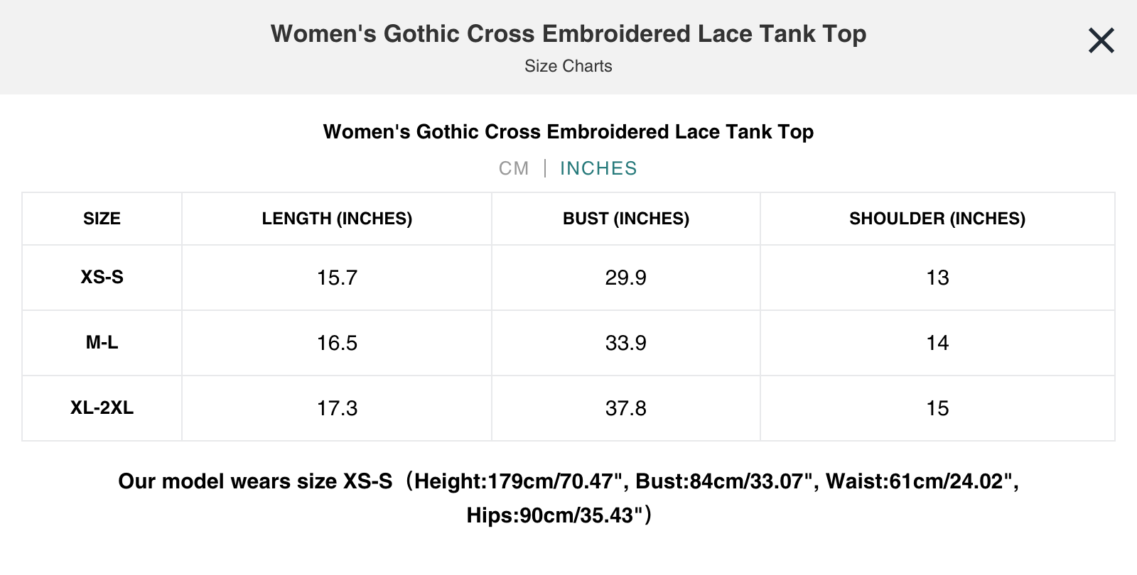 Naughty Kitten Clothing Gothic Cross Embroidered Lace Tank Top Alternative Gothic Women's Fashion Size Chart Centimetres