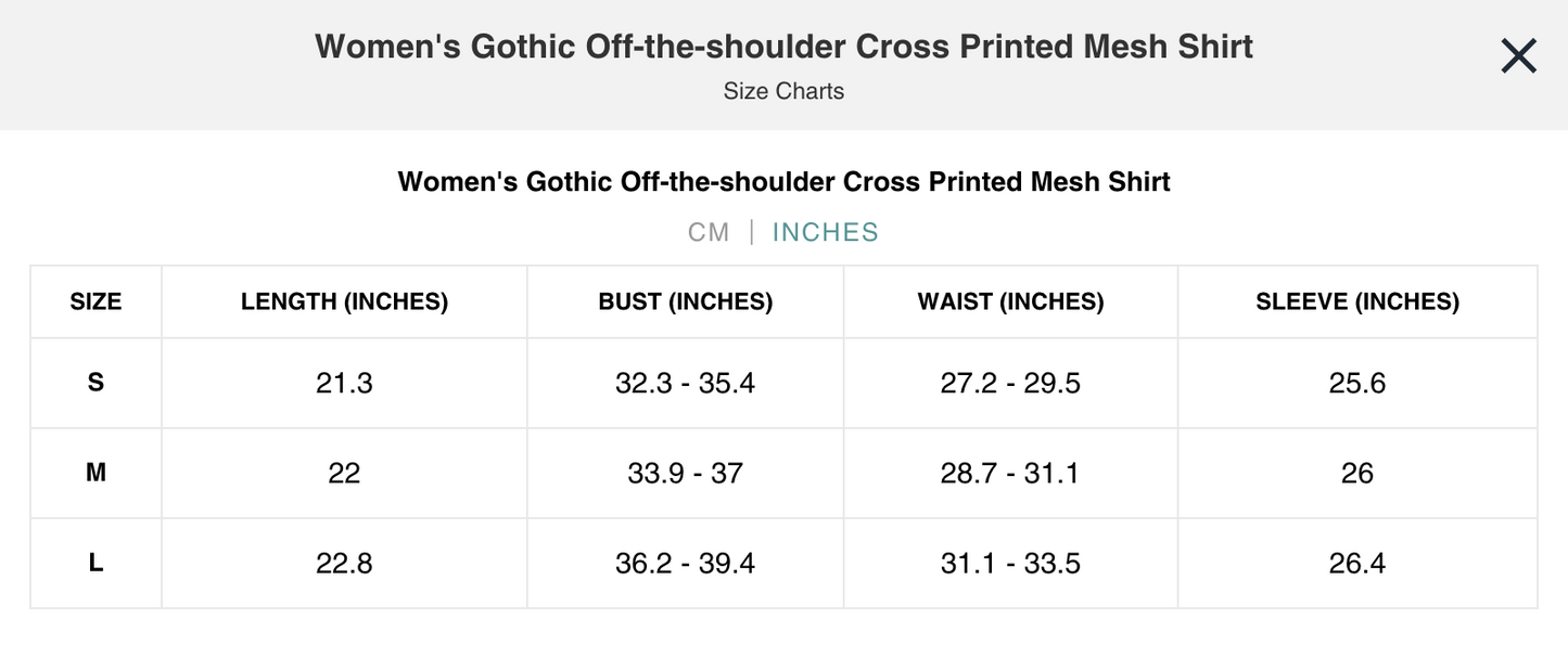 Naughty Kitten Clothing Women's Gothic Off-the-shoulder Cross Printed Mesh Shirt Front View Alternative Gothic Wear Size chart Inches