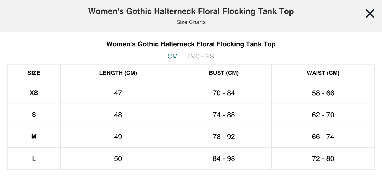 Naughty Kitten Clothing Gothic Halterneck Floral Flocking Tank Top Front View Alternative Gothic women's Fashion Size Chart Centimetres