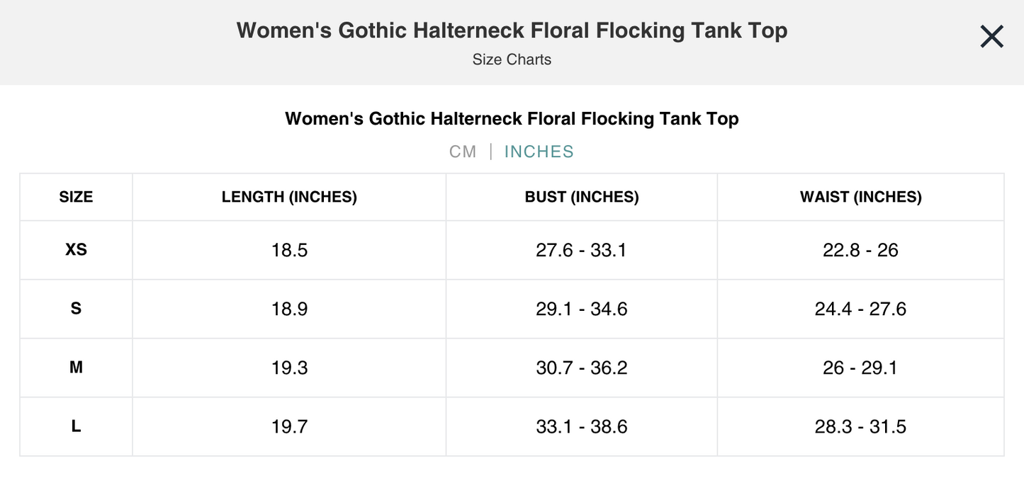 Naughty Kitten Clothing Gothic Halterneck Floral Flocking Tank Top Front View Alternative Gothic women's Fashion Size Chart Inches