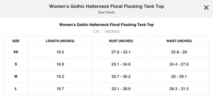 Naughty Kitten Clothing Gothic Halterneck Floral Flocking Tank Top Front View Alternative Gothic women's Fashion Size Chart Inches