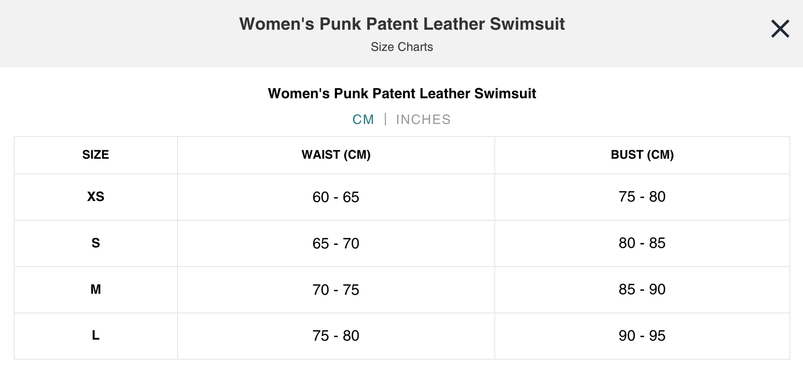 Naughty Kitten Clothing Punk Patent Leather Swimsuit Front View Sexy Alternative Gothic Women's fashion Size Chart Centimetres