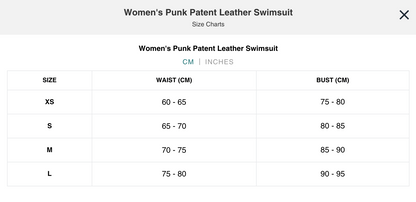 Naughty Kitten Clothing Punk Patent Leather Swimsuit Front View Sexy Alternative Gothic Women's fashion Size Chart Centimetres