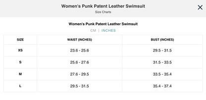 Naughty Kitten Clothing Punk Patent Leather Swimsuit Front View Sexy Alternative Gothic Women's fashion Size Chart Inches