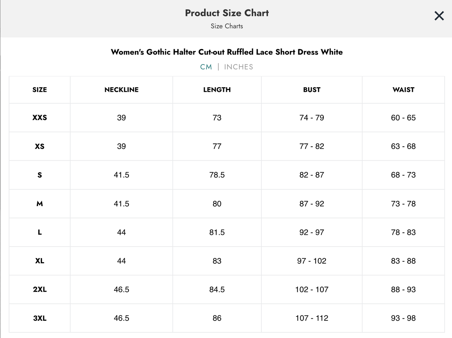 Naughty Kitten Clothing Dark Fashion Size Chart Centimetres