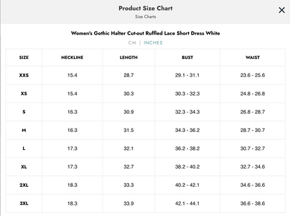 Naughty Kitten Clothing Dark Fashion Size Chart Inches