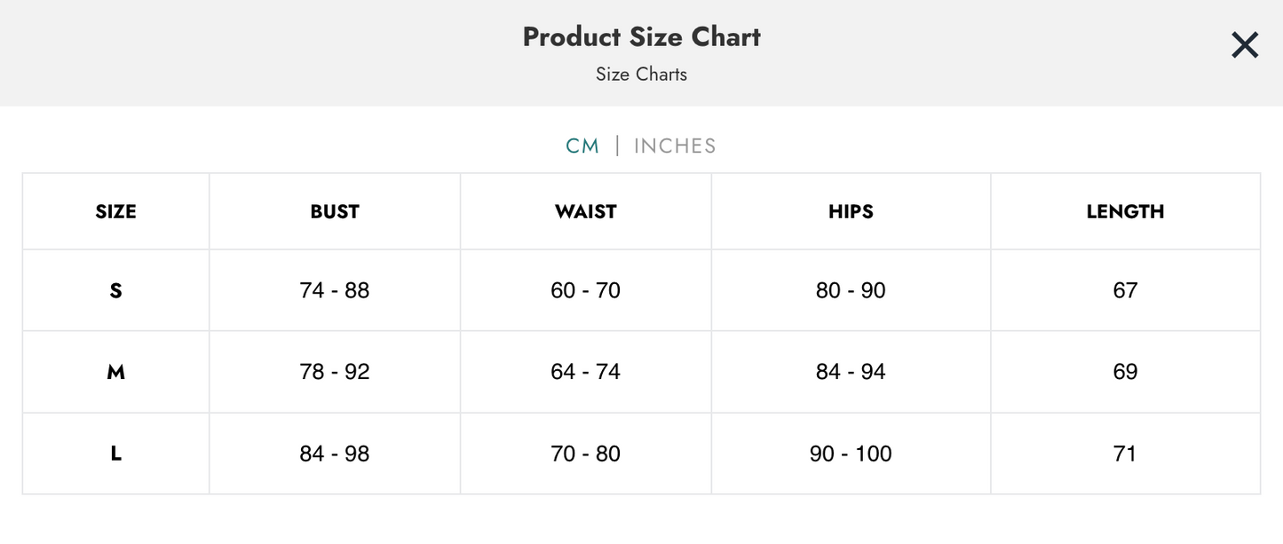 Naughty Kitten Clothing Kobine Women's Size Chart Centimetres