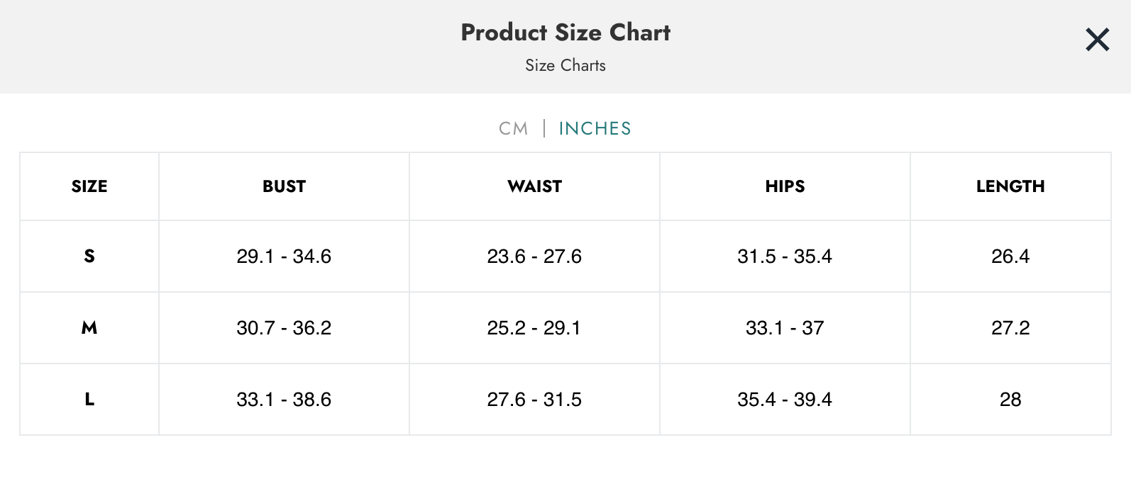 Naughty Kitten Clothing Kobine Women's Size Chart Inches