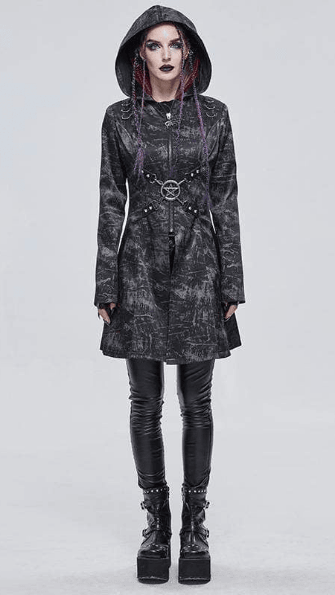 Naughty Kitten Clothing Shadow Hex Hooded Coat Front View Women's Alternative Gothic Coat