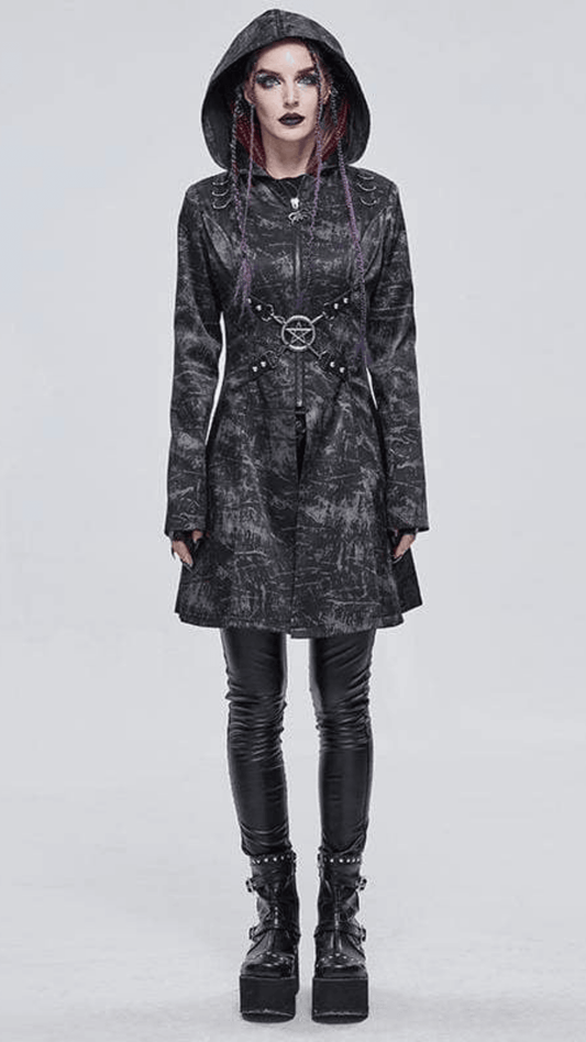 Naughty Kitten Clothing Shadow Hex Hooded Coat Front View Women's Alternative Gothic Coat