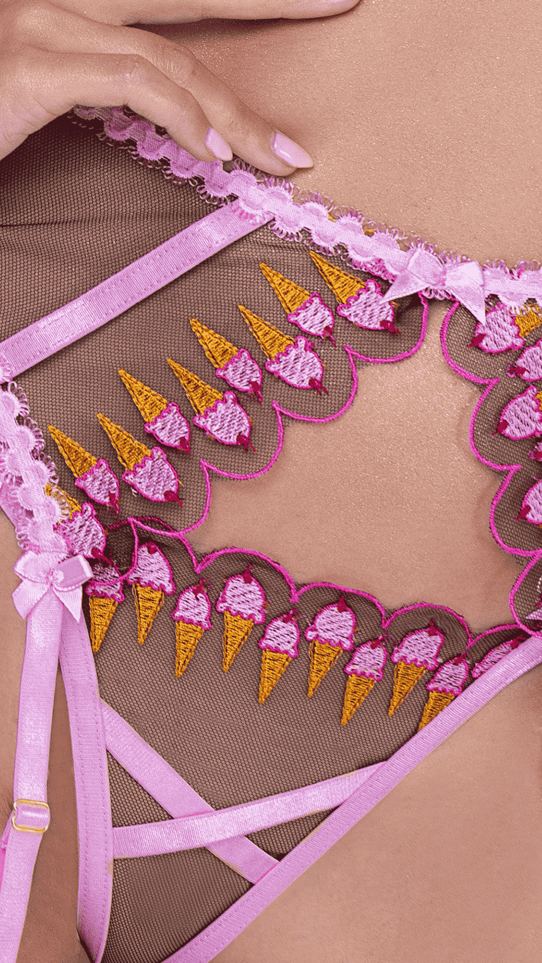 Naughty Kitten Sherbet 3-Piece Garter Set Reclined Front View Lingerie