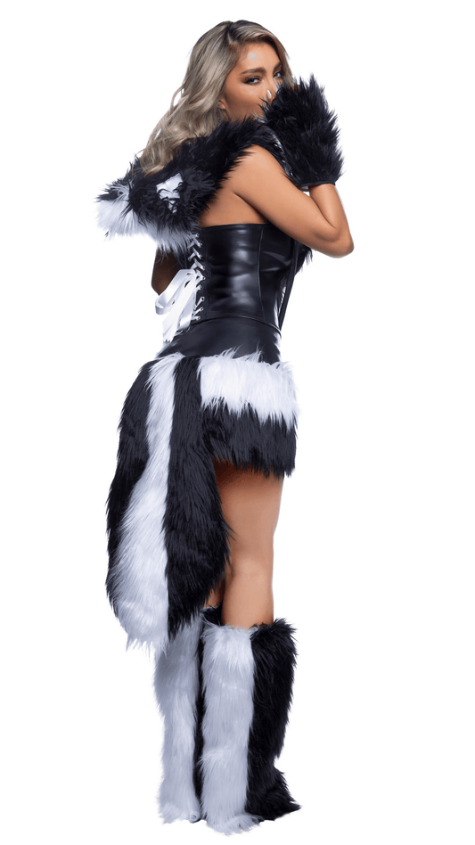 Silly Skunk Costume – black and white skunk with tail and leg warmers, rear view, Roma costume