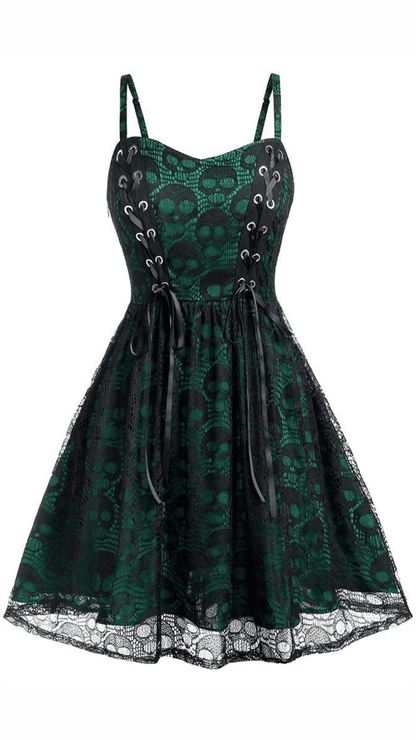 Naughty Kitten Clothing Skull Lace Strappy Slip Dress Front View Green Women's Alternative Gothic Wear