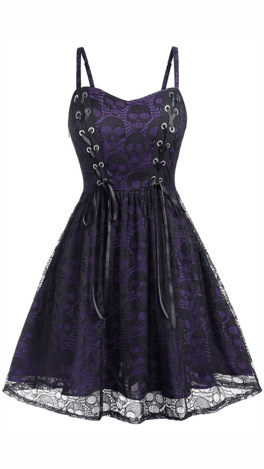 Naughty Kitten Clothing Skull Lace Strappy Slip Dress Front View Purple Women's Alternative Gothic Wear