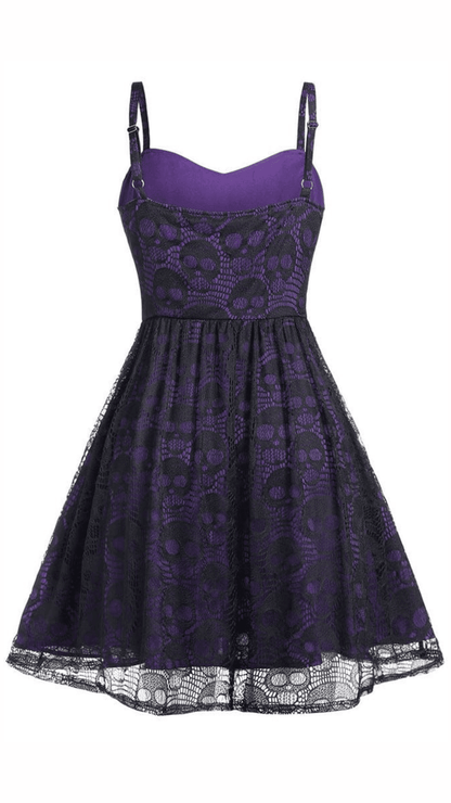 Naughty Kitten Clothing Skull Lace Strappy Slip Dress Rear View Purple Women's Alternative Gothic Wear