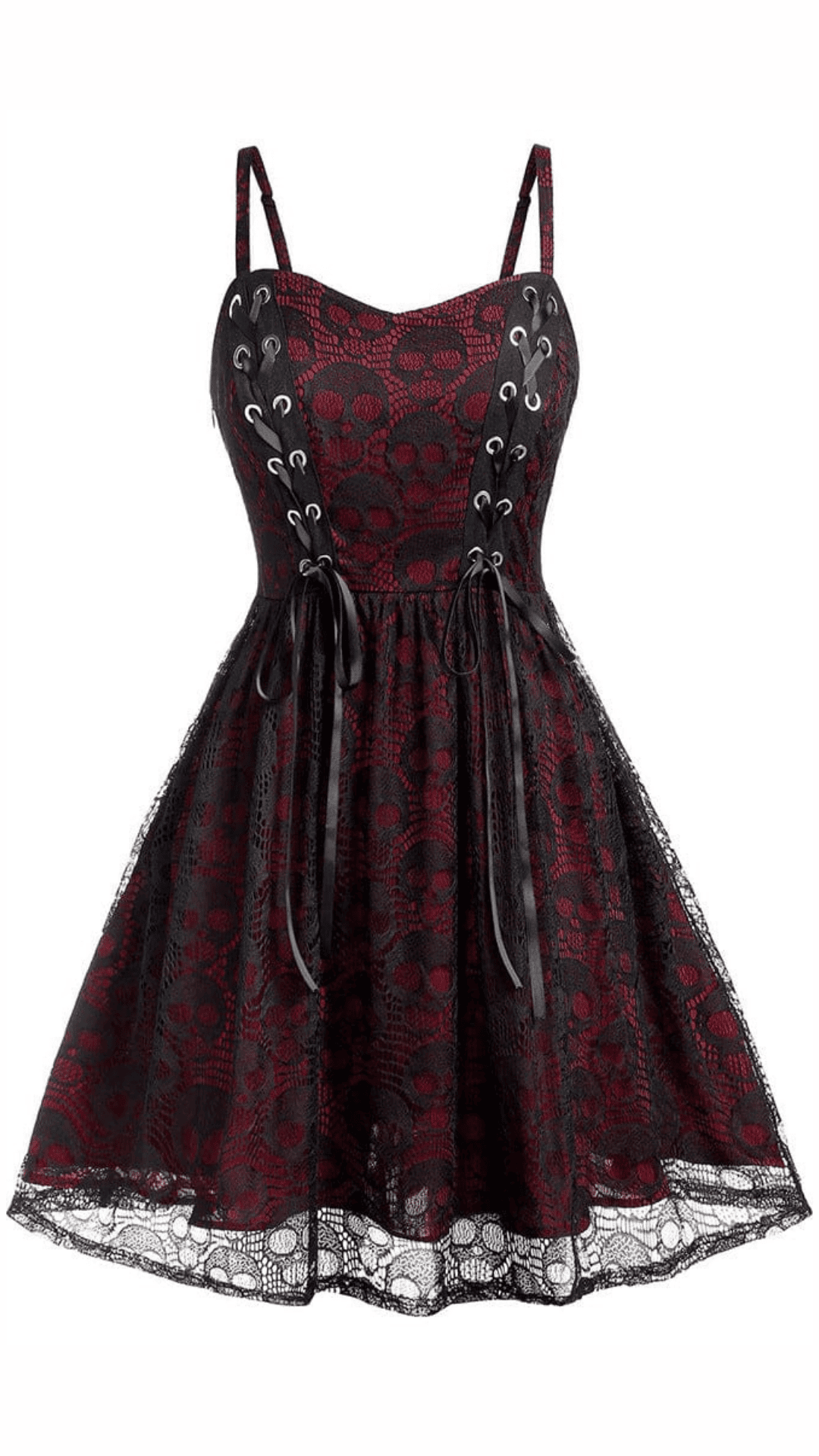 Naughty Kitten Clothing Skull Lace Strappy Slip Dress Front View Red Women's Alternative Gothic Wear