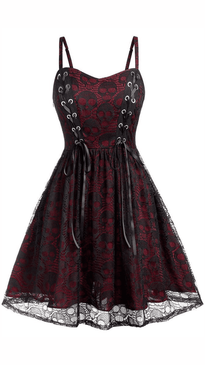 Naughty Kitten Clothing Skull Lace Strappy Slip Dress Front View Red Women's Alternative Gothic Wear