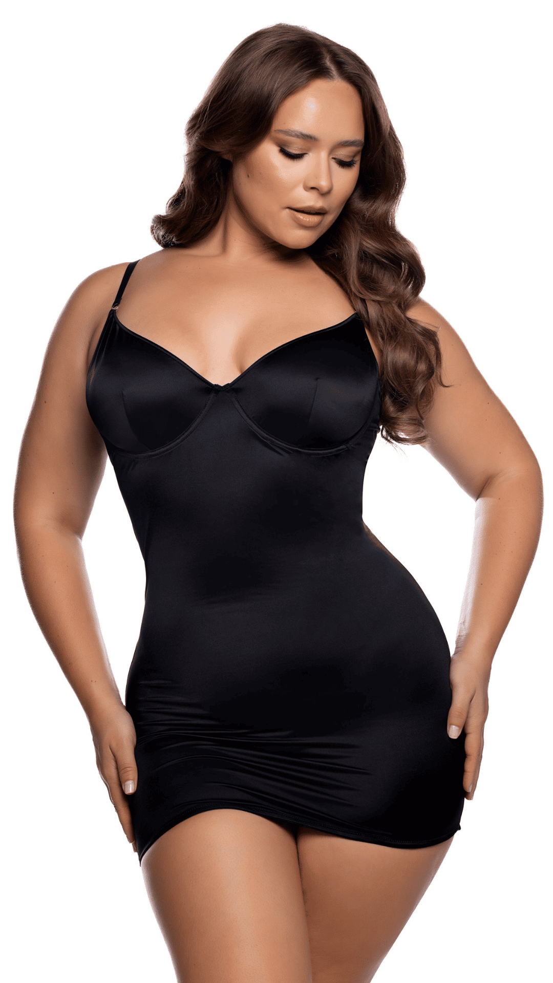 Slip Into It Babydoll – black stretch satin slip babydoll, plus size front view