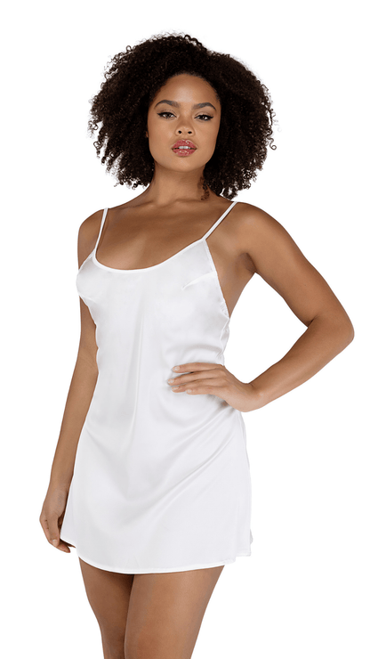 Naughty Kitten Clothing Soft Satin Chemise White Front View Lingerie Set