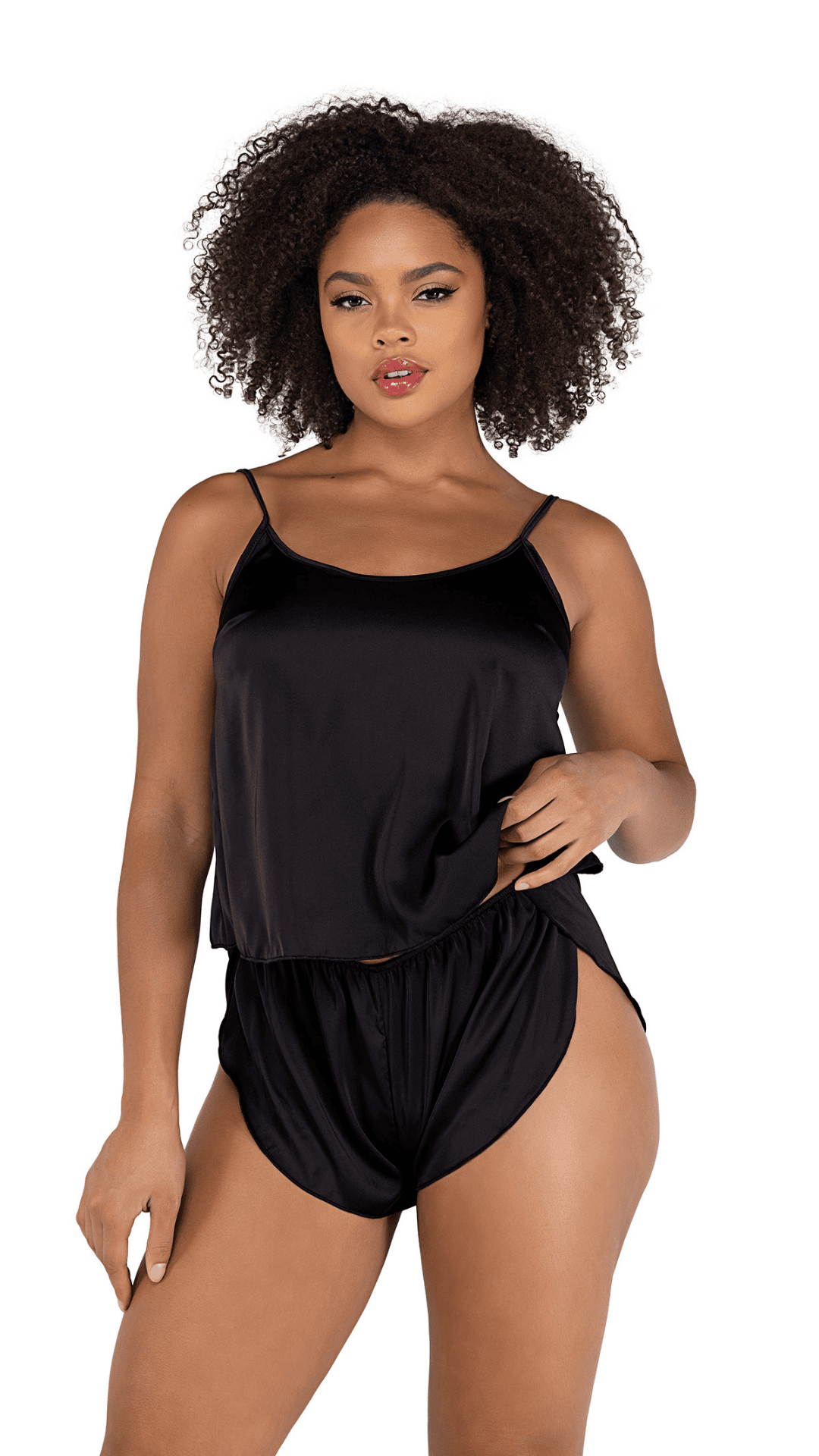 Naughty Kitten Clothing Soft Satin Tulip Short Set Black Front View Loungewear  Lingerie Set